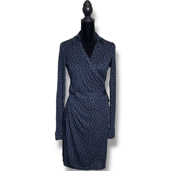 The Limited Navy Long Sleeve Printed Mini Wrap Dress With Collar - Picture 2 of 14
